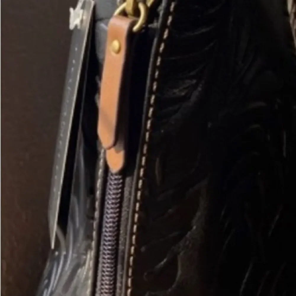 Tignanello Black Leather Brown Palm Leaf Embossed Hobo Purse Tote New No Tags